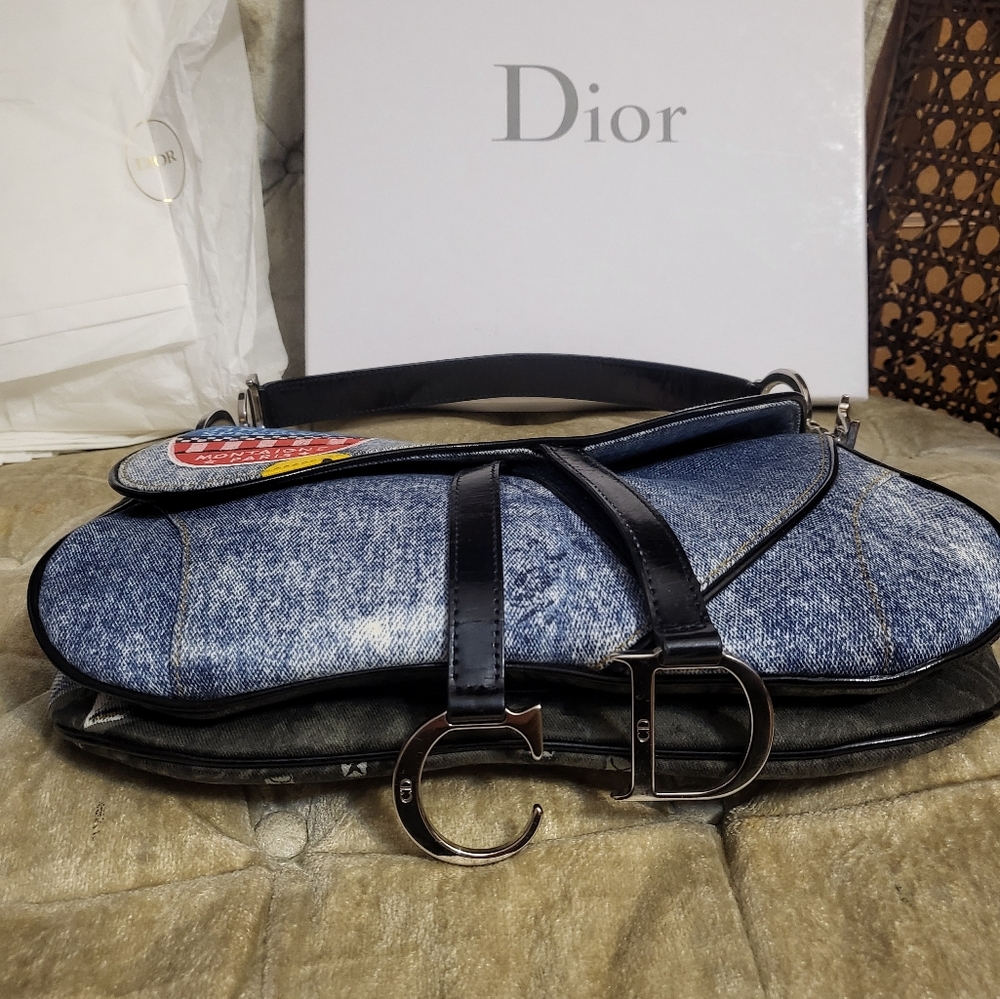 Authentic Christian Dior Patchwork Speedway denim double saddle bag - Picture 7 of 11
